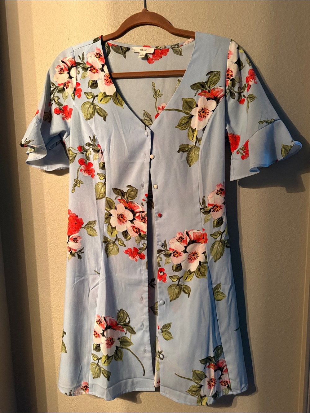 mine Light Blue Floral Button Front Dress